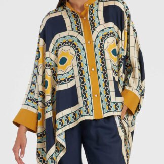 Unique Retro Floral Print Stand Collar Irregular Top
