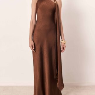 Elegant Bronze One-Shoulder Satin Maxi Dress