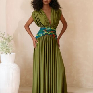 Elegant Deep V-neck Printed Pleated Maxi Dress