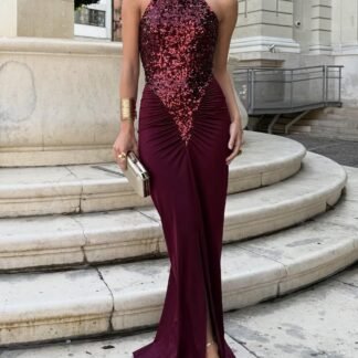 Elegant Halter Neck Sequined Maxi Dress