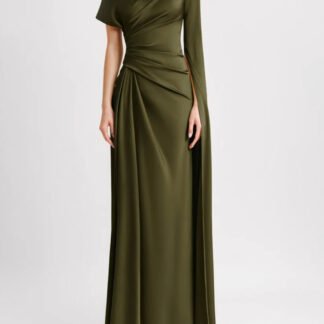 Elegant Irregular-sleeve Pleated Satin Maxi Dress