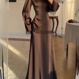 Elegant Satin Beaded Tassel Maxi Dress