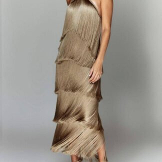 Fashionable Halter Neck Tassel Backless Slit Party Dress