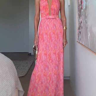 Elegant Halter V Neck Open Back Print Pleated Maxi Dress