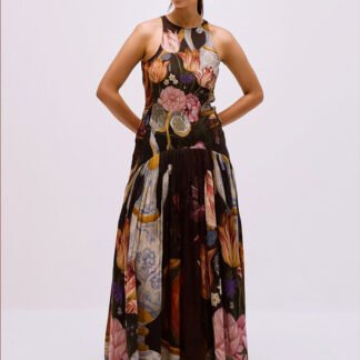 Exquisite Botanical Print Sleeveless Pleated Maxi Dress