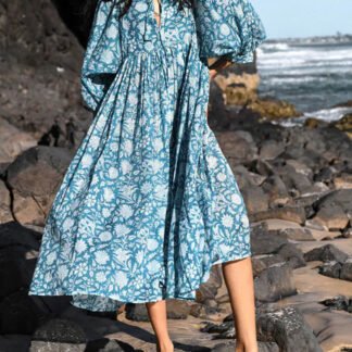 Floral Balloon Sleeve Midi Dress