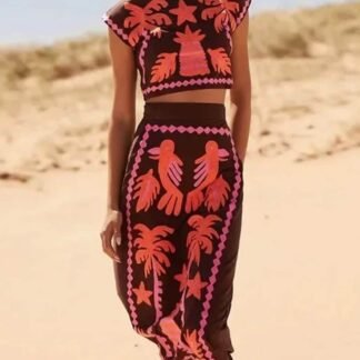 Fashionable Elegant High Waist Printed Short Sleeve Top and Skirt Set