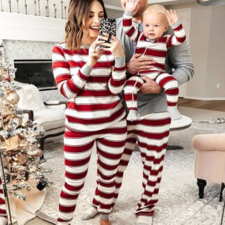 Red and White Striped Round Collar Matching Pajamas Set