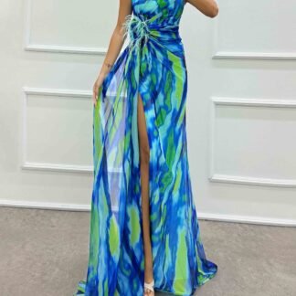 Elegant Painted Floral Print Feather Rose Maxi Dress