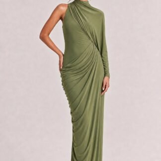 Elegant Asymmetrical One-Sleeve Draped Maxi Dress