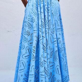 Exquisite embroidered hollow lace long A-line skirt