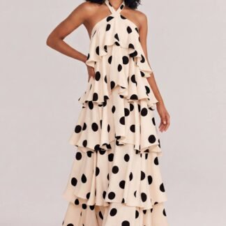 Elegant Halter Neck Polka Dot Tiered Maxi Dress